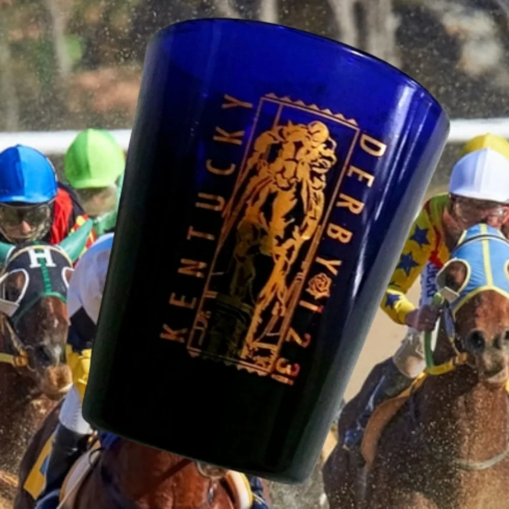 Cobalt Blue Kentucky Derby Shot Glass Collectable Souvenir Horse Racing Barware